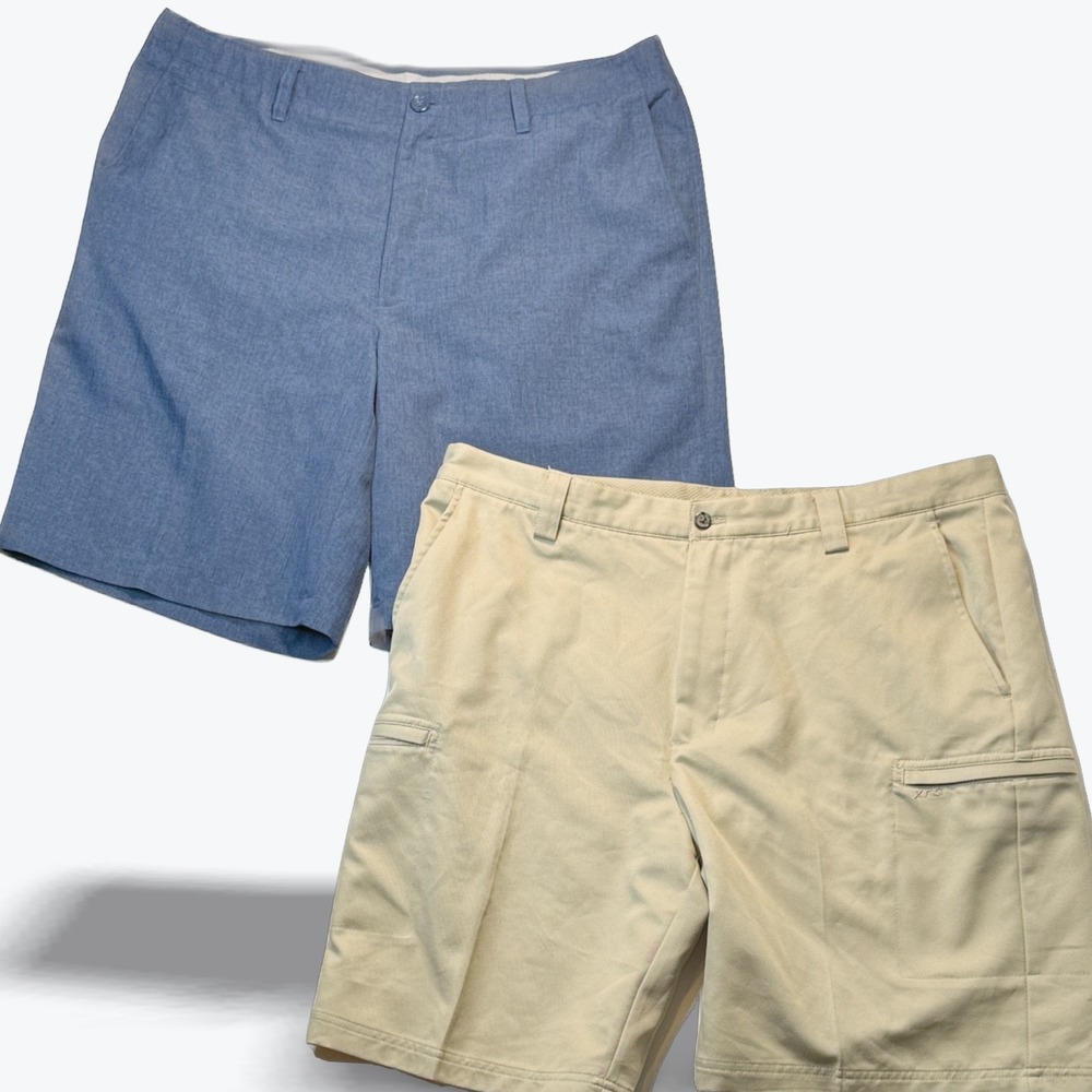 Mens Golf Shorts Lot of 2 Pair Performance Flat Front Blue Tan Size 38